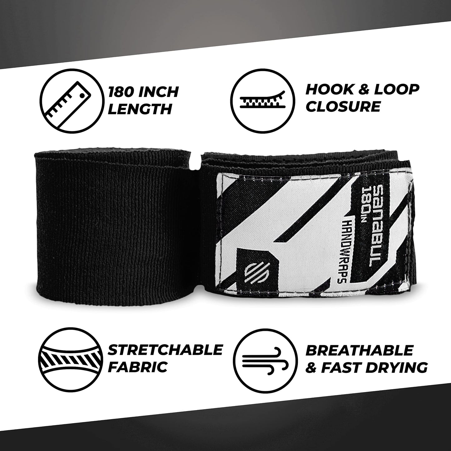 Sanabul Elastic Professional 180 inch Handwraps for Boxing Kickboxing Muay Thai MMA (Black, 180")